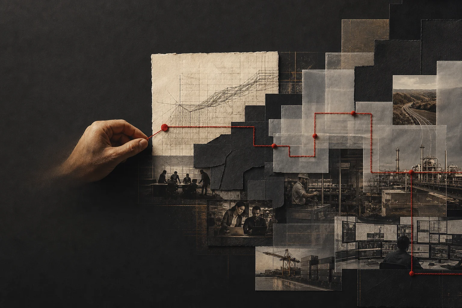 Editorial collage connecting strategy, people, infrastructure, and operations with a red thread